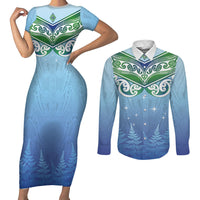 Aotearoa New Zealand New Year Couples Matching Short Sleeve Bodycon Dress and Long Sleeve Button Shirt Maori Motifs with Silver Fern and Matariki Stars LT03 Multicolor - Polynesian Pride