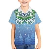 Aotearoa New Zealand New Year Family Matching Off Shoulder Short Dress and Hawaiian Shirt Maori Motifs with Silver Fern and Matariki Stars LT03 Son's Shirt Multicolor - Polynesian Pride