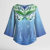 Aotearoa New Zealand New Year Kimono Sleeve Blouse Maori Motifs with Silver Fern and Matariki Stars LT03 - Polynesian Pride