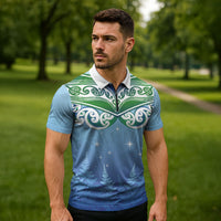 Aotearoa New Zealand New Year Zipper Polo Shirt Maori Motifs with Silver Fern and Matariki Stars LT03 - Polynesian Pride