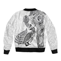 Aotearoa Moko Tribal Tattoo Bomber Jacket New Zealand Maori Penguin and Fantail White Color