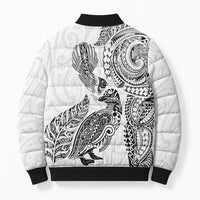 Aotearoa Moko Tribal Tattoo Bomber Puffer Jacket New Zealand Maori Penguin and Fantail White Color