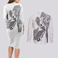 Aotearoa Moko Tribal Tattoo Couples Matching Long Sleeve Bodycon Dress and Long Sleeve Button Shirt New Zealand Maori Penguin and Fantail White Color LT03 - Polynesian Pride