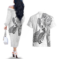 Aotearoa Moko Tribal Tattoo Couples Matching Off The Shoulder Long Sleeve Dress and Hawaiian Shirt New Zealand Maori Penguin and Fantail White Color LT03 - Polynesian Pride
