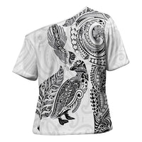 Aotearoa Moko Tribal Tattoo Cross Shoulder Shirt New Zealand Maori Penguin and Fantail White Color LT03 - Polynesian Pride