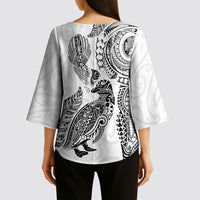 Aotearoa Moko Tribal Tattoo Kimono Sleeve Blouse New Zealand Maori Penguin and Fantail White Color LT03 - Polynesian Pride