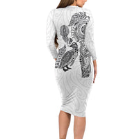 Aotearoa Moko Tribal Tattoo Long Sleeve Bodycon Dress New Zealand Maori Penguin and Fantail White Color LT03 - Polynesian Pride