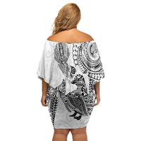 Aotearoa Moko Tribal Tattoo Off Shoulder Short Dress New Zealand Maori Penguin and Fantail White Color LT03 - Polynesian Pride