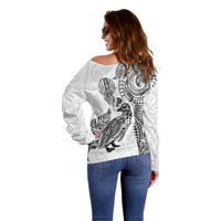 Aotearoa Moko Tribal Tattoo Off Shoulder Sweater New Zealand Maori Penguin and Fantail White Color
