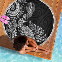 Aotearoa Moko Tribal Tattoo Beach Blanket New Zealand Maori Penguin and Fantail Black Color