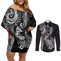 Aotearoa Moko Tribal Tattoo Couples Matching Off Shoulder Short Dress and Long Sleeve Button Shirt New Zealand Maori Penguin and Fantail Black Color LT03 Black - Polynesian Pride