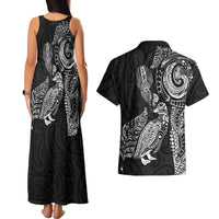 Aotearoa Moko Tribal Tattoo Couples Matching Tank Maxi Dress and Hawaiian Shirt New Zealand Maori Penguin and Fantail Black Color LT03 - Polynesian Pride