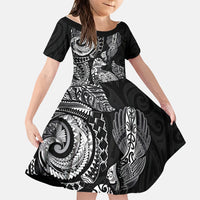 Aotearoa Moko Tribal Tattoo Family Matching Mermaid Dress and Hawaiian Shirt New Zealand Maori Penguin and Fantail Black Color LT03 Daughter's Dress Black - Polynesian Pride