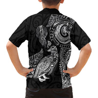 Aotearoa Moko Tribal Tattoo Family Matching Off Shoulder Maxi Dress and Hawaiian Shirt New Zealand Maori Penguin and Fantail Black Color LT03 - Polynesian Pride