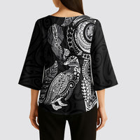 Aotearoa Moko Tribal Tattoo Kimono Sleeve Blouse New Zealand Maori Penguin and Fantail Black Color LT03 - Polynesian Pride