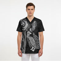 Aotearoa Moko Tribal Tattoo Scrub Top New Zealand Maori Penguin and Fantail Black Color LT03 - Polynesian Pride