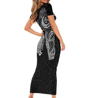 Aotearoa Moko Tribal Tattoo Short Sleeve Bodycon Dress New Zealand Maori Penguin and Fantail Black Color LT03 - Polynesian Pride