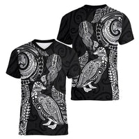 Aotearoa Moko Tribal Tattoo Women V-Neck T-Shirt New Zealand Maori Penguin and Fantail Black Color LT03 - Polynesian Pride