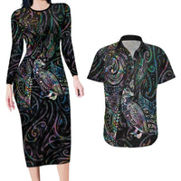 Aotearoa Moko Tribal Tattoo Couples Matching Long Sleeve Bodycon Dress and Hawaiian Shirt New Zealand Maori Penguin and Fantail Paua Shell Style LT03 Multicolor - Polynesian Pride