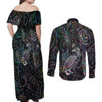 Aotearoa Moko Tribal Tattoo Couples Matching Off Shoulder Maxi Dress and Long Sleeve Button Shirt New Zealand Maori Penguin and Fantail Paua Shell Style LT03 - Polynesian Pride