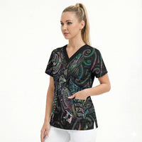 Aotearoa Moko Tribal Tattoo Scrub Top New Zealand Maori Penguin and Fantail Paua Shell Style