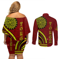 Kolisi Tonga Atele Couples Matching Off Shoulder Short Dress and Long Sleeve Button Shirt Ngatu and Polynesian Pattern