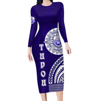 Tupou College Toloa Long Sleeve Bodycon Dress Ngatu and Polynesian Pattern LT03 Long Dress Blue - Polynesian Pride