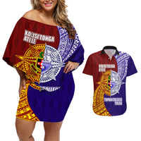 Kolisi Tonga Atele and Tupou College Toloa Couples Matching Off Shoulder Short Dress and Hawaiian Shirt Ngatu and Polynesian Spiral Pattern