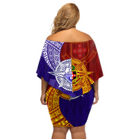 Kolisi Tonga Atele and Tupou College Toloa Off Shoulder Short Dress Ngatu and Polynesian Spiral Pattern