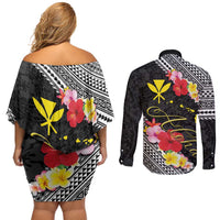 Aloha Hawaii Hibiscus and Plumeria Flowers Couples Matching Off Shoulder Short Dress and Long Sleeve Button Shirt Kanaka Maoli Tattoo Polynesian Pattern