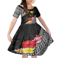 Aloha Hawaii Hibiscus and Plumeria Flowers Family Matching Off The Shoulder Long Sleeve Dress and Hawaiian Shirt Kanaka Maoli Tattoo Polynesian Pattern LT03 Daughter's Dress Black - Polynesian Pride