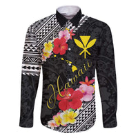 Aloha Hawaii Hibiscus and Plumeria Flowers Family Matching Off The Shoulder Long Sleeve Dress and Hawaiian Shirt Kanaka Maoli Tattoo Polynesian Pattern LT03 Dad's Shirt - Long Sleeve Black - Polynesian Pride