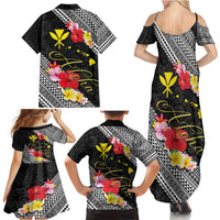 Aloha Hawaii Hibiscus and Plumeria Flowers Family Matching Summer Maxi Dress and Hawaiian Shirt Kanaka Maoli Tattoo Polynesian Pattern
