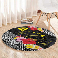 Aloha Hawaii Hibiscus and Plumeria Flowers Round Carpet Kanaka Maoli Tattoo Polynesian Pattern