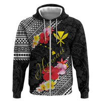 Aloha Hawaii Hibiscus and Plumeria Flowers Zip Hoodie Kanaka Maoli Tattoo Polynesian Pattern