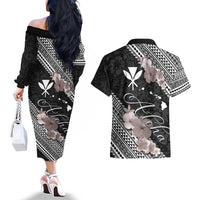 Aloha Hawaii Hibiscus and Plumeria Flowers Couples Matching Off The Shoulder Long Sleeve Dress and Hawaiian Shirt Kanaka Maoli Tattoo Polynesian Pattern Gray Color