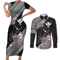 Aloha Hawaii Hibiscus and Plumeria Flowers Couples Matching Short Sleeve Bodycon Dress and Long Sleeve Button Shirt Kanaka Maoli Tattoo Polynesian Pattern Gray Color LT03 Black - Polynesian Pride