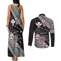Aloha Hawaii Hibiscus and Plumeria Flowers Couples Matching Tank Maxi Dress and Long Sleeve Button Shirt Kanaka Maoli Tattoo Polynesian Pattern Gray Color LT03 - Polynesian Pride
