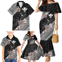 Aloha Hawaii Hibiscus and Plumeria Flowers Family Matching Mermaid Dress and Hawaiian Shirt Kanaka Maoli Tattoo Polynesian Pattern Gray Color