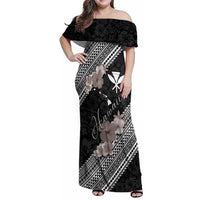 Aloha Hawaii Hibiscus and Plumeria Flowers Family Matching Off Shoulder Maxi Dress and Hawaiian Shirt Kanaka Maoli Tattoo Polynesian Pattern Gray Color