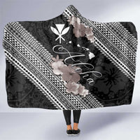 Aloha Hawaii Hibiscus and Plumeria Flowers Hooded Blanket Kanaka Maoli Tattoo Polynesian Pattern Gray Color