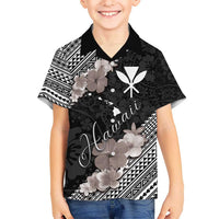 Aloha Hawaii Hibiscus and Plumeria Flowers Kid Hawaiian Shirt Kanaka Maoli Tattoo Polynesian Pattern Gray Color