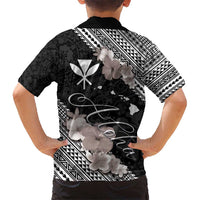 Aloha Hawaii Hibiscus and Plumeria Flowers Kid Hawaiian Shirt Kanaka Maoli Tattoo Polynesian Pattern Gray Color