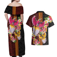Papua New Guinea Birds and Frangipani Couples Matching Off Shoulder Maxi Dress and Hawaiian Shirt Melanesian Art Tattoos LT03 - Polynesian Pride