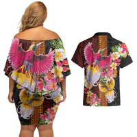 Papua New Guinea Birds and Frangipani Couples Matching Off Shoulder Short Dress and Hawaiian Shirt Melanesian Art Tattoos LT03 - Polynesian Pride