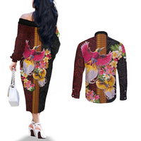 Papua New Guinea Birds and Frangipani Couples Matching Off The Shoulder Long Sleeve Dress and Long Sleeve Button Shirt Melanesian Art Tattoos LT03 - Polynesian Pride