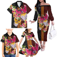 Papua New Guinea Birds and Frangipani Family Matching Off The Shoulder Long Sleeve Dress and Hawaiian Shirt Melanesian Art Tattoos - Polynesian Pride