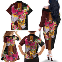 Papua New Guinea Birds and Frangipani Family Matching Off The Shoulder Long Sleeve Dress and Hawaiian Shirt Melanesian Art Tattoos - Polynesian Pride