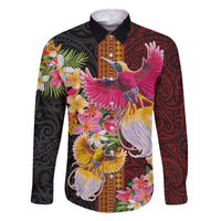 Papua New Guinea Birds and Frangipani Family Matching Off The Shoulder Long Sleeve Dress and Hawaiian Shirt Melanesian Art Tattoos - Polynesian Pride