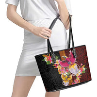 Papua New Guinea Birds and Frangipani Leather Tote Bag Melanesian Art Tattoos LT03 - Polynesian Pride